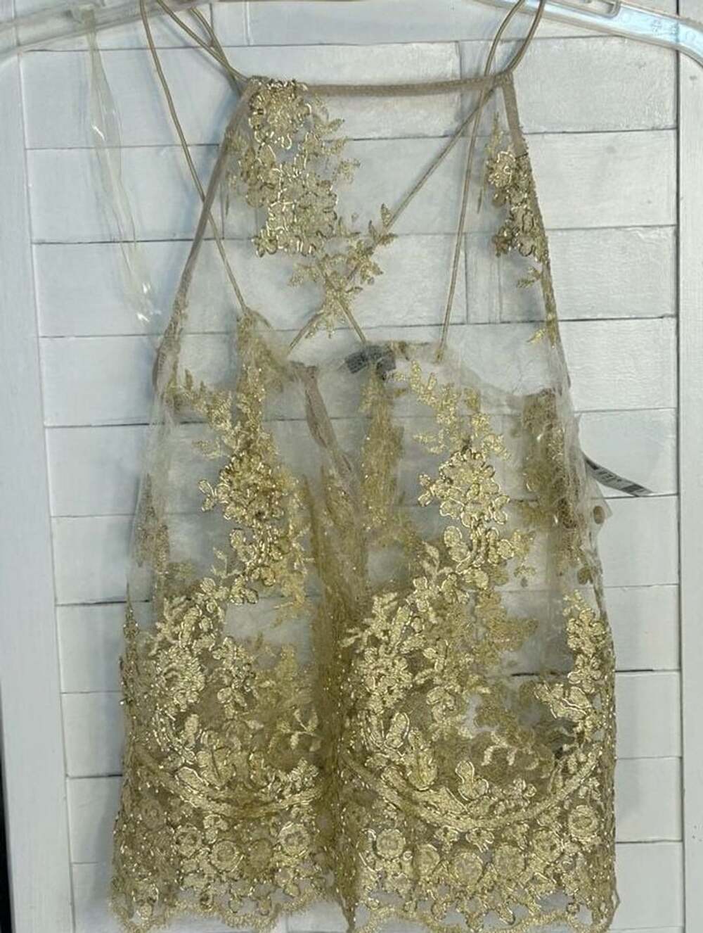 NWT Metallic Gold Lace Embellished Sheer Halter Crop Top S